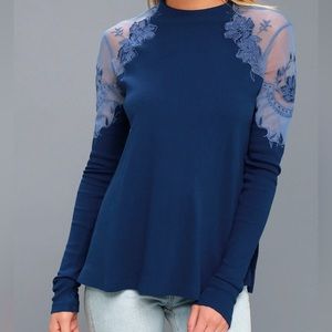 Free People Daniella Embroidered Lace Blue Sweater Sz Small EUC